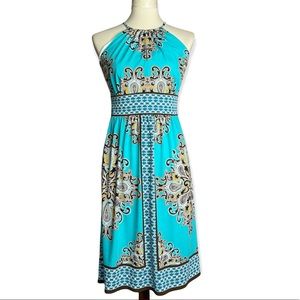 ROZ & ALI WOMEN'S SZ 4 GREEN PAISLEY PRINTED JERSEY HALTER SLEEVELESS SHIFT DRES
